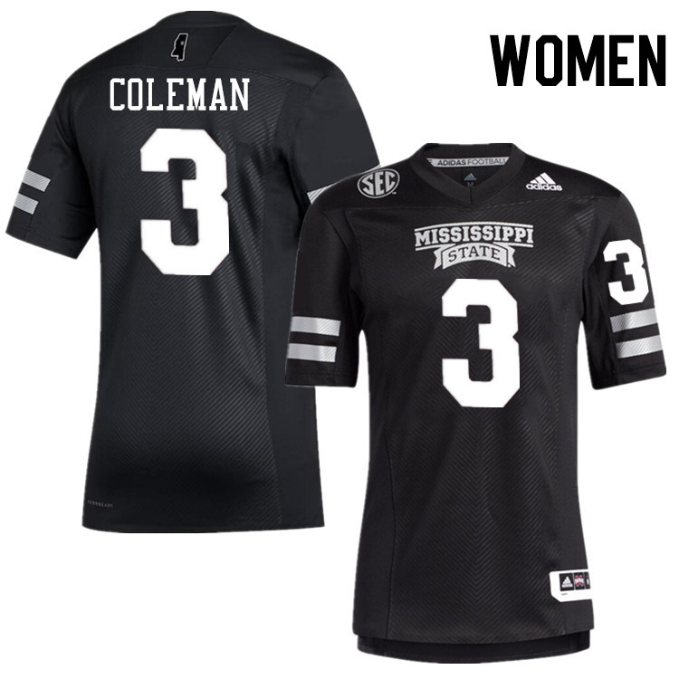 Women #3 Kevin Coleman Mississippi State Bulldogs College Football Jerseys Stitched-Black